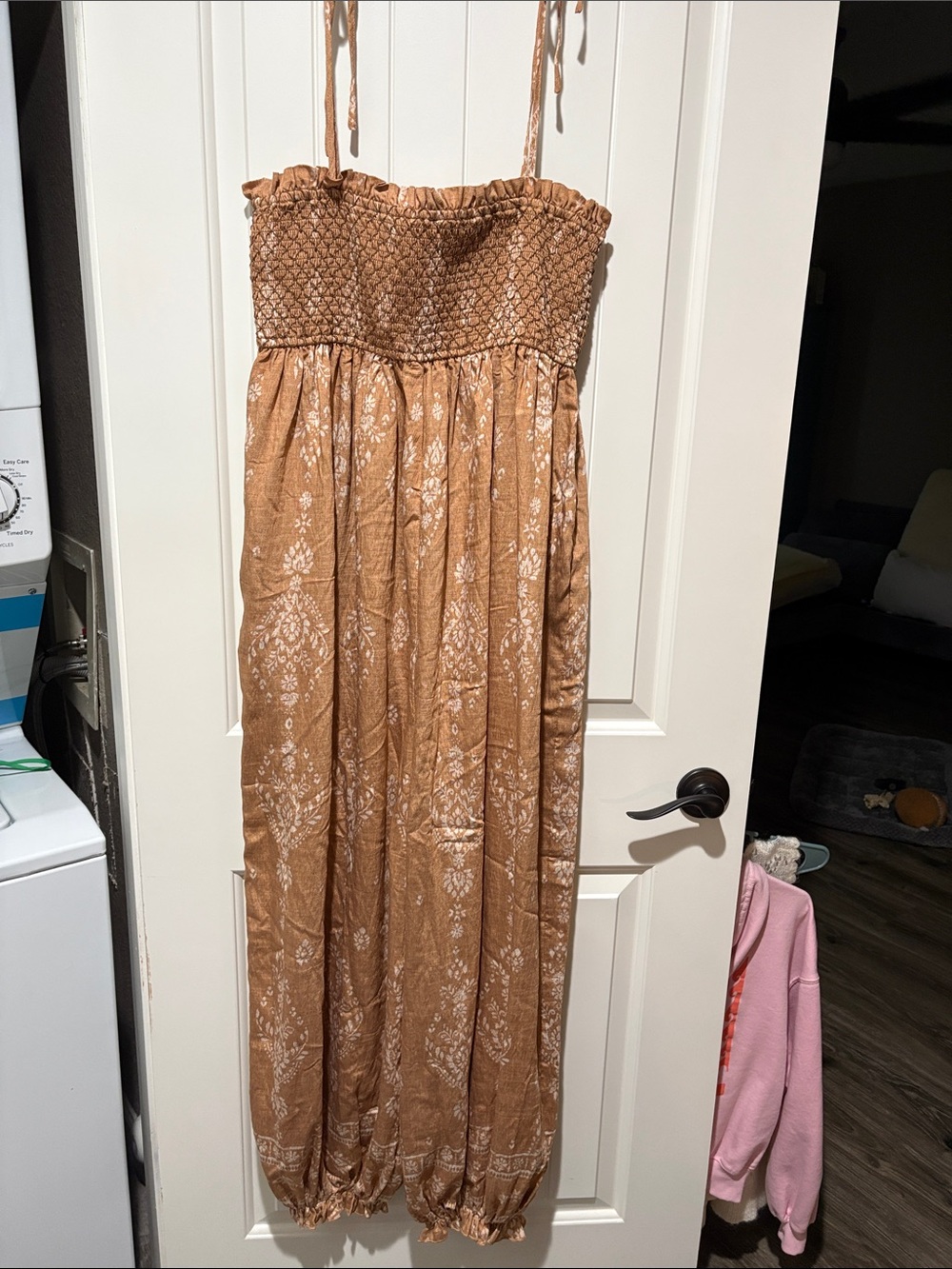 Smocked Strap Jumpsuit in Warm Tan